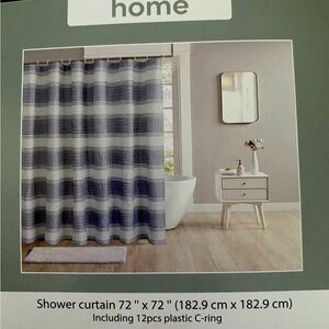 NWT-JUST IN FOR YOUR HOME-BLUE AND WHITE SHOWER CURTAIN WITH WHITE HOOKS